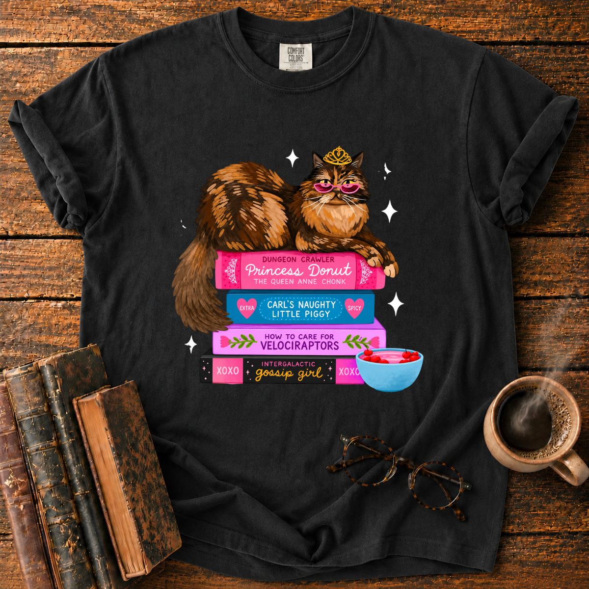 Princess Cat Book Stack Bookish T-Shirt