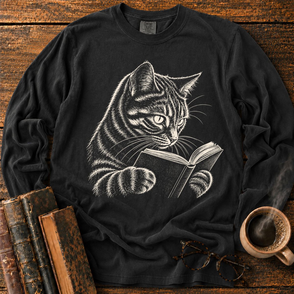 Tabby Cat Reading LS T-Shirt