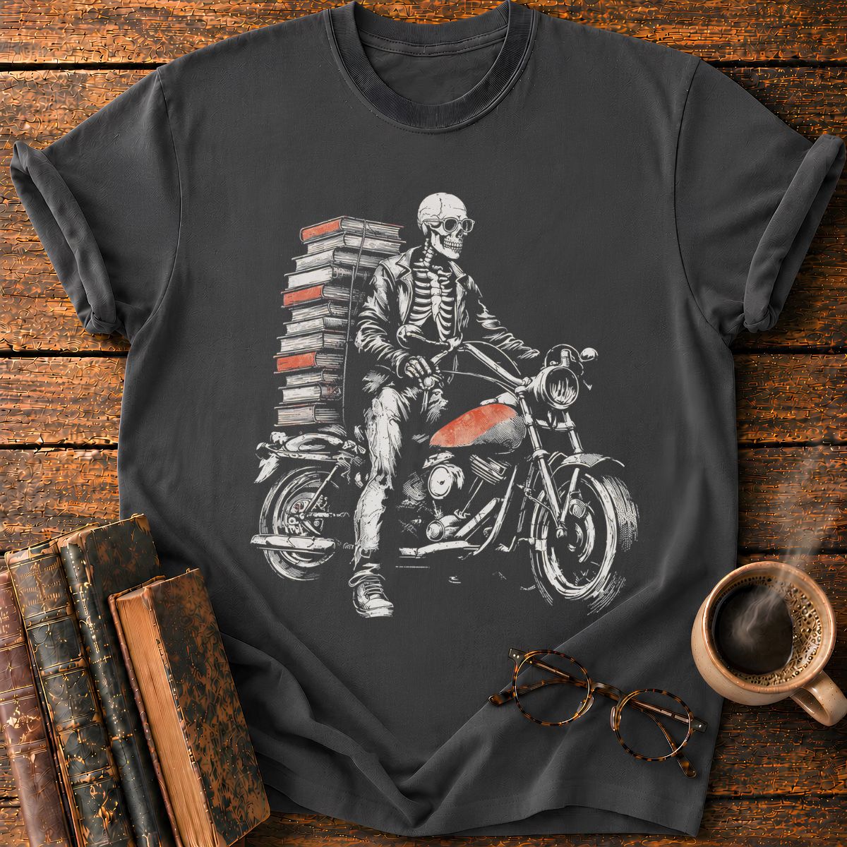 Skeletal Biker’s Tower of Books T-Shirt