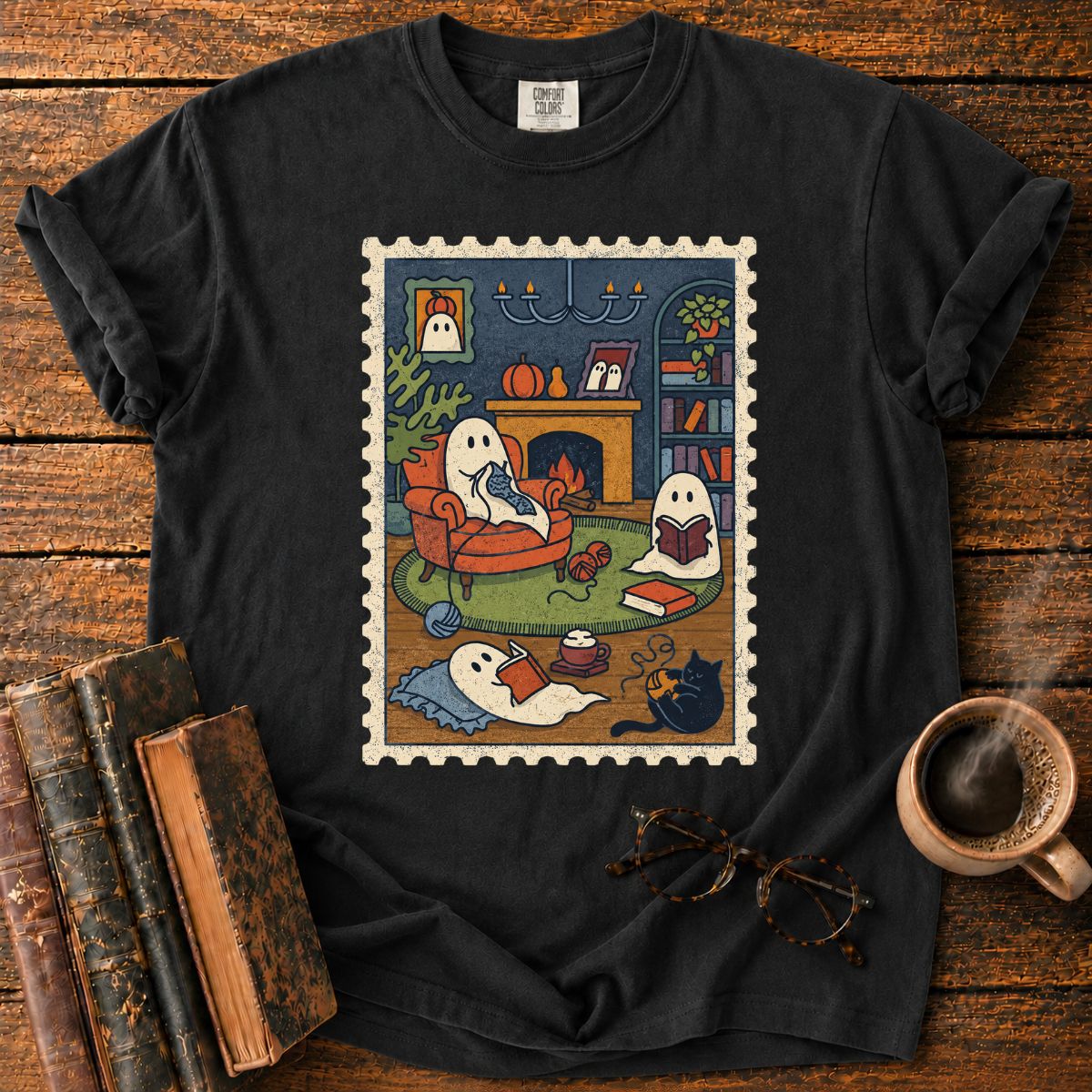 Cozy Ghost Reading Stamp T-Shirt