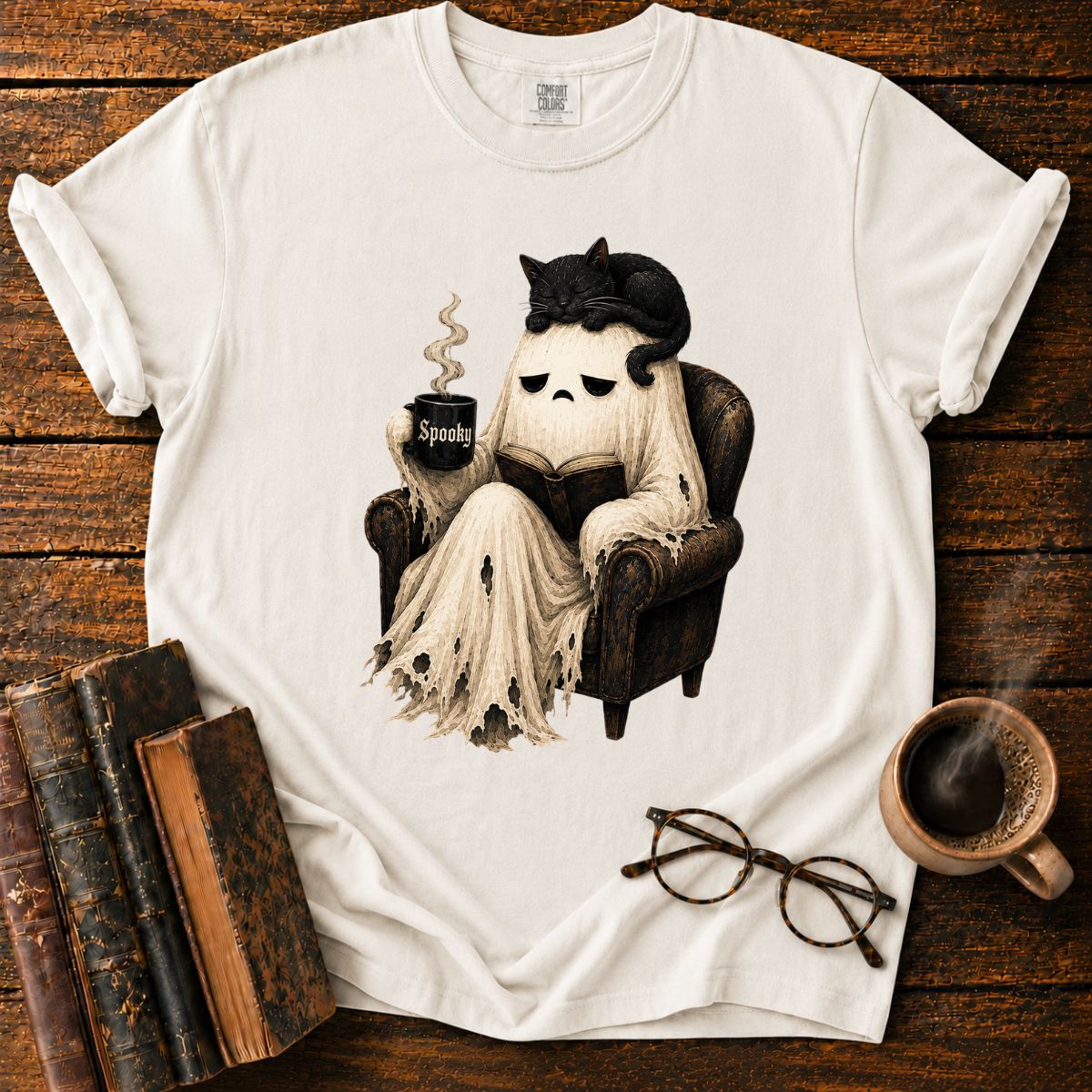 Sleepy Ghost Reading with a Cat T-Shirt