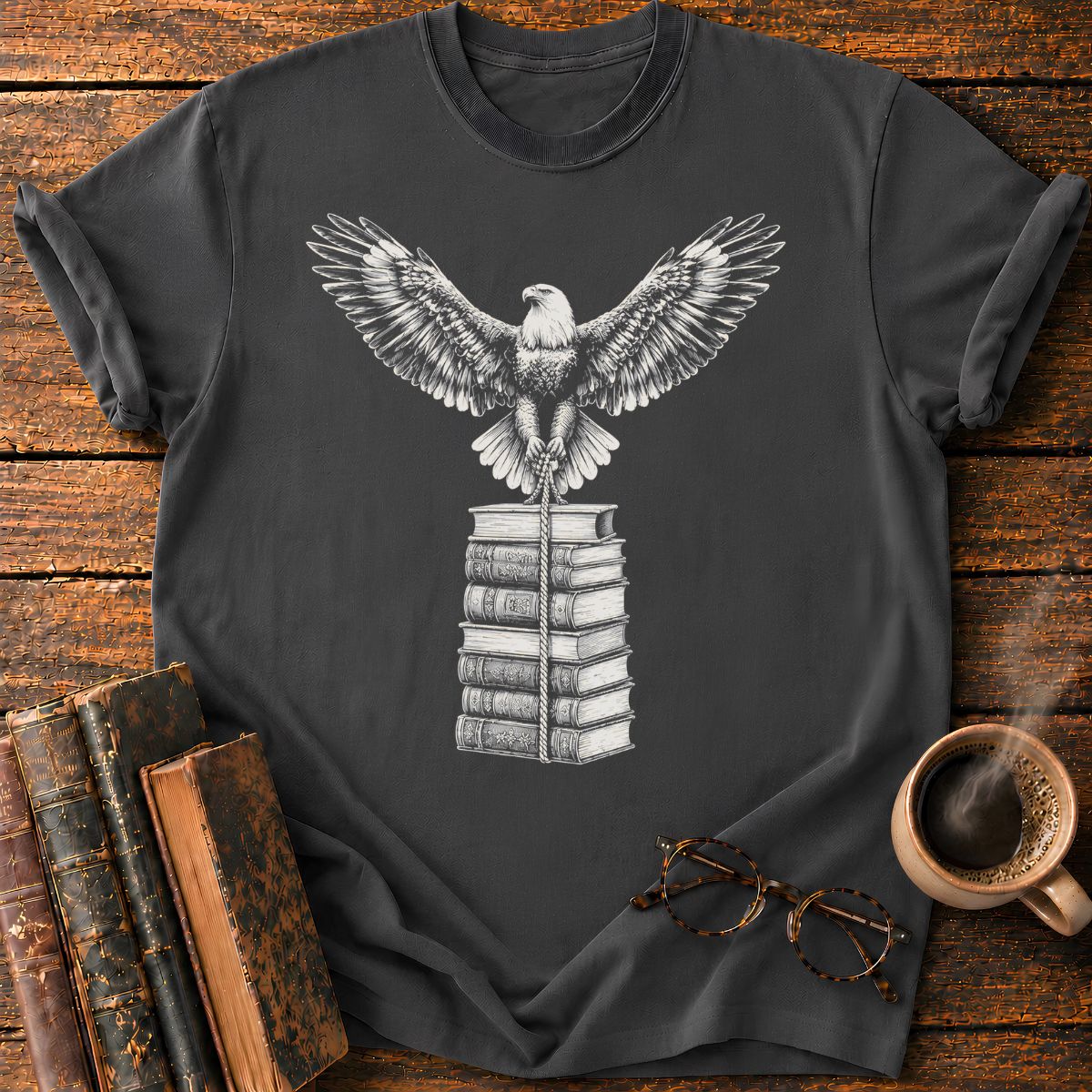 Engraved Eagle Over Bound Books T-Shirt
