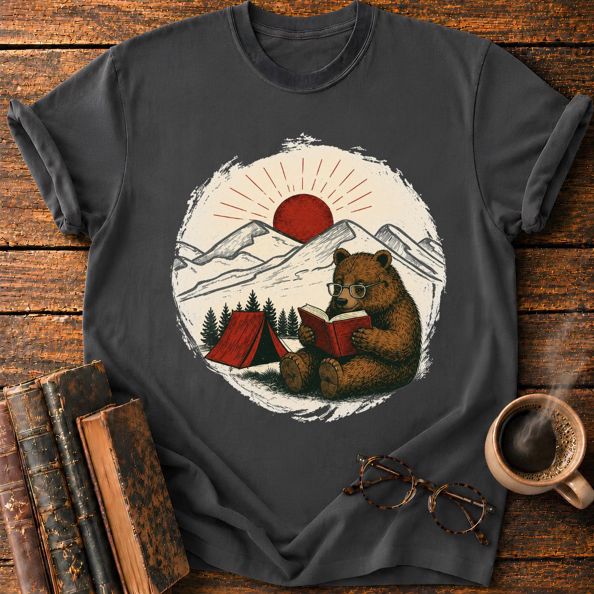 Vintage Camping Bear Reading Badge T-Shirt