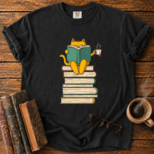 Cat Reading Atop a Tower of Books T-Shirt