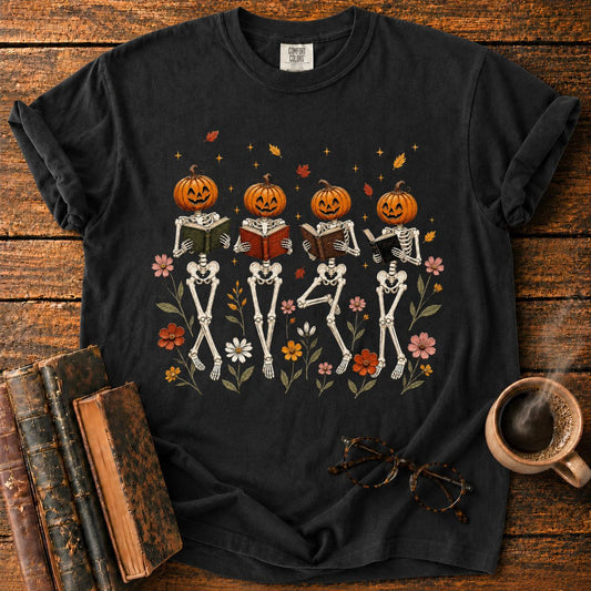 Skeletons Reading Among Autumn Flowers T-Shirt