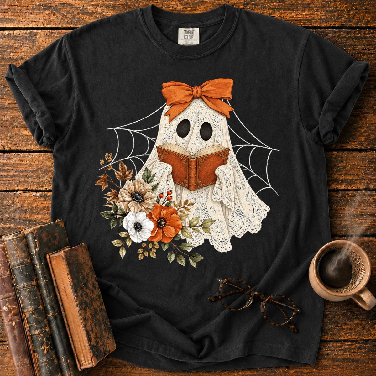 Lace Ghost Reads Among Autumn Flowers T-Shirt