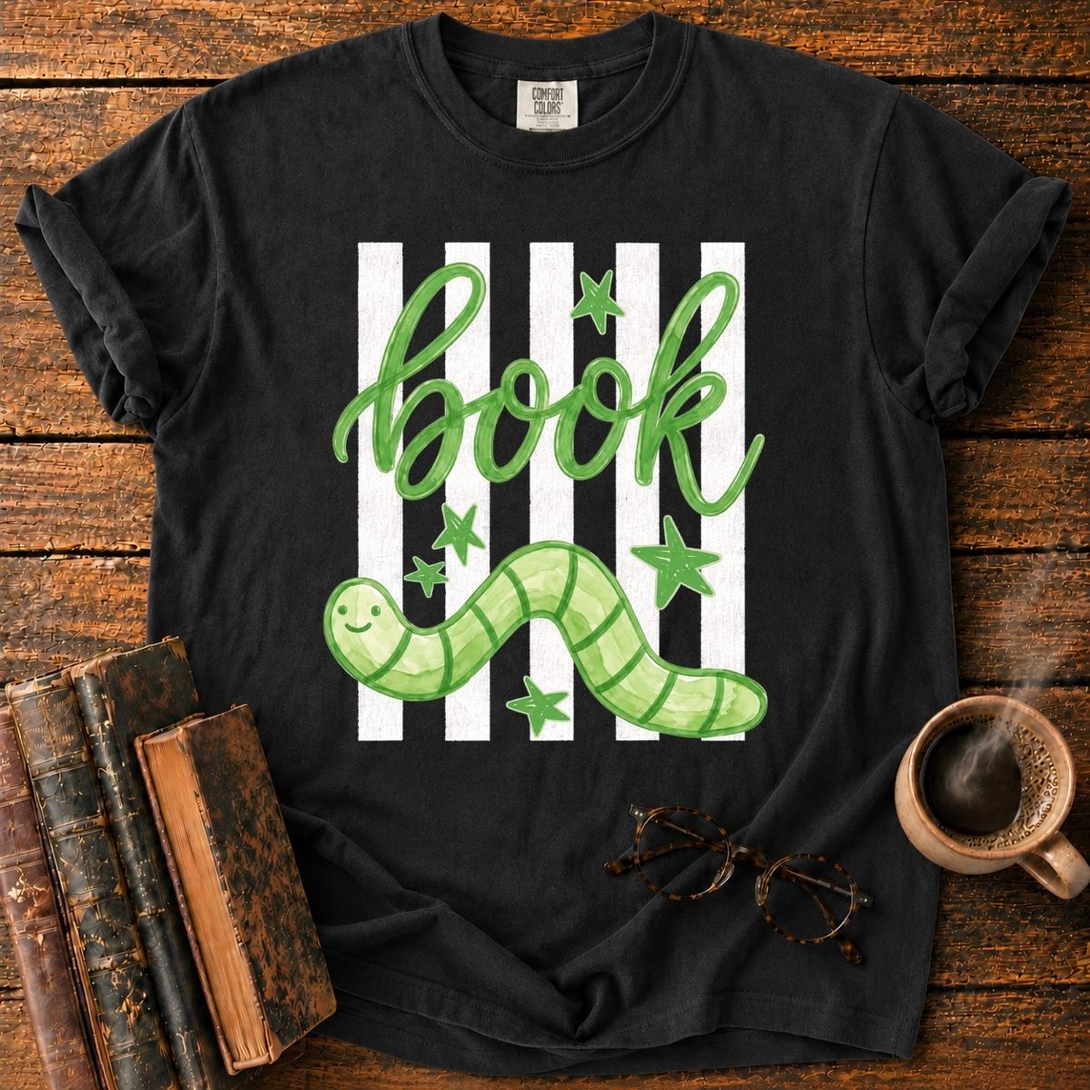 Green Bookworm on Pink Stripes T-Shirt