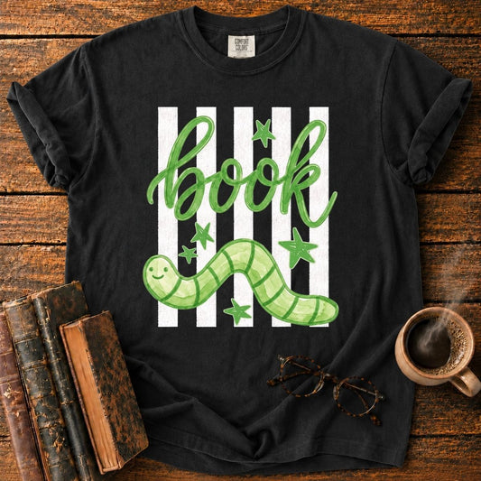 Green Bookworm on Pink Stripes T-Shirt