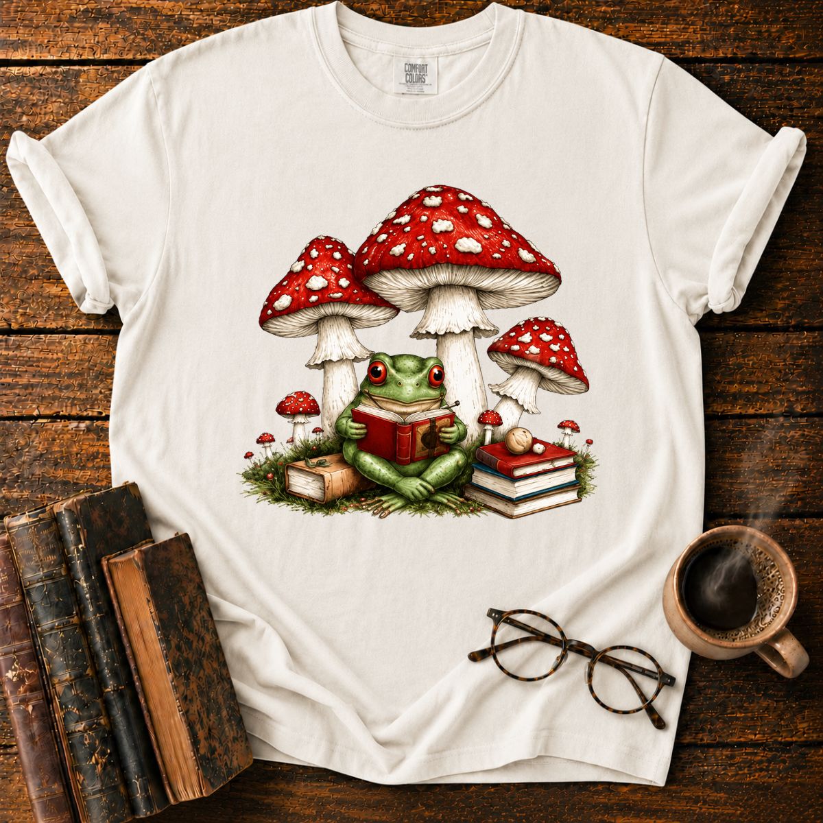 Frog Reading Beneath Mushroom T-Shirt