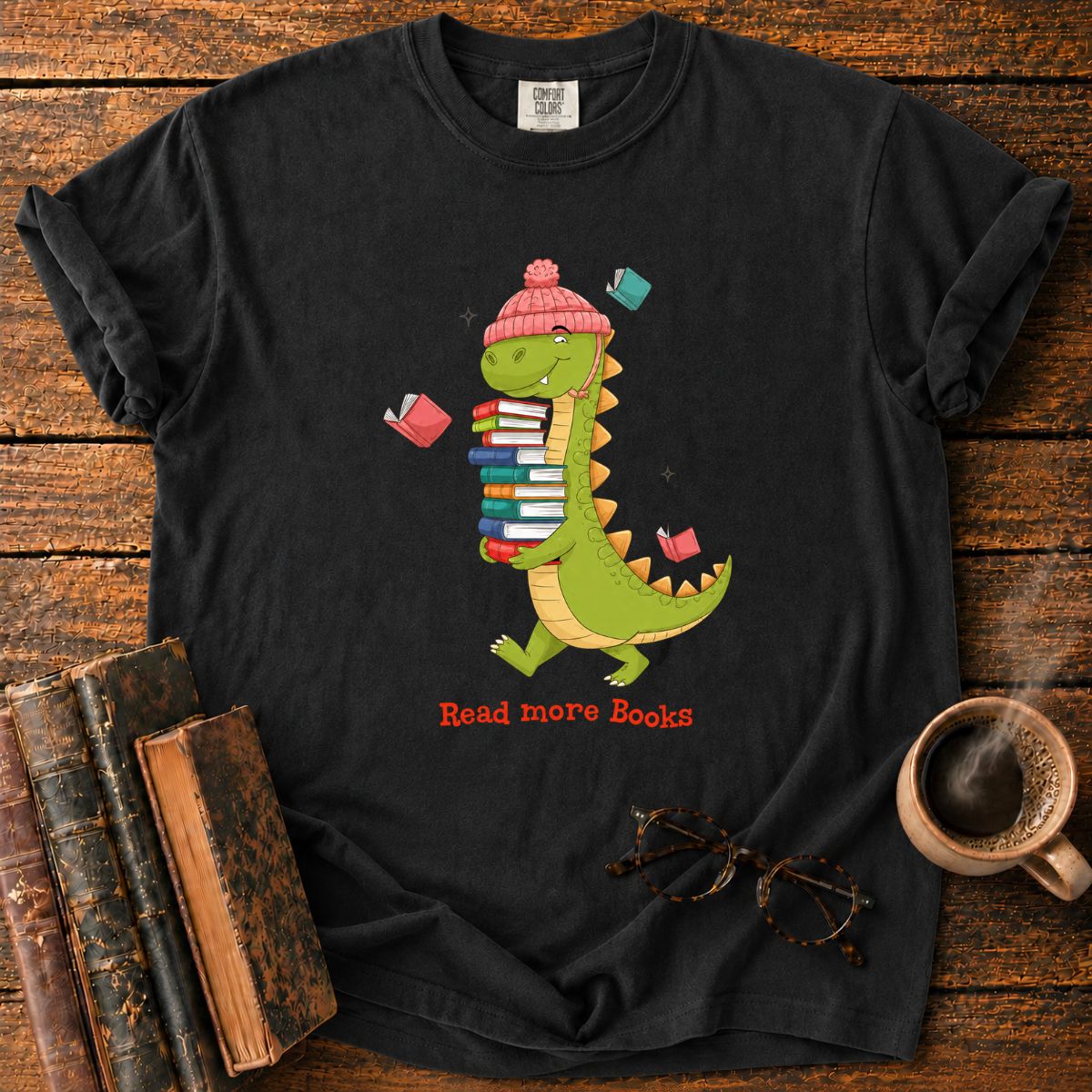 Dinosaur With Books T-Shirt