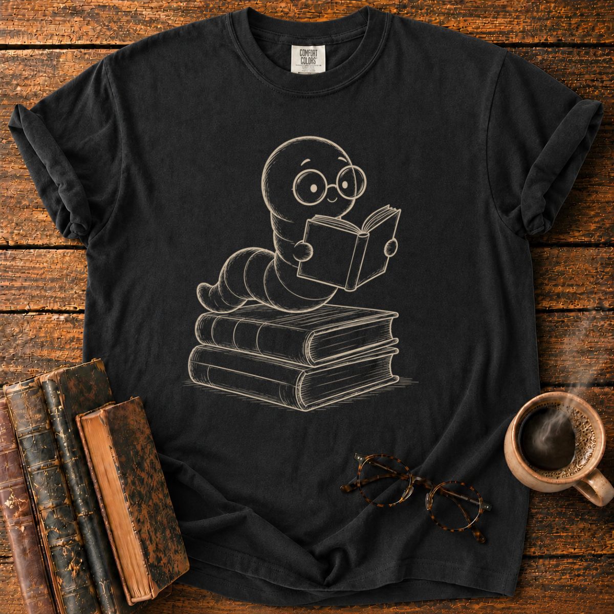 Bookish Worm on Stacked Books T-Shirt