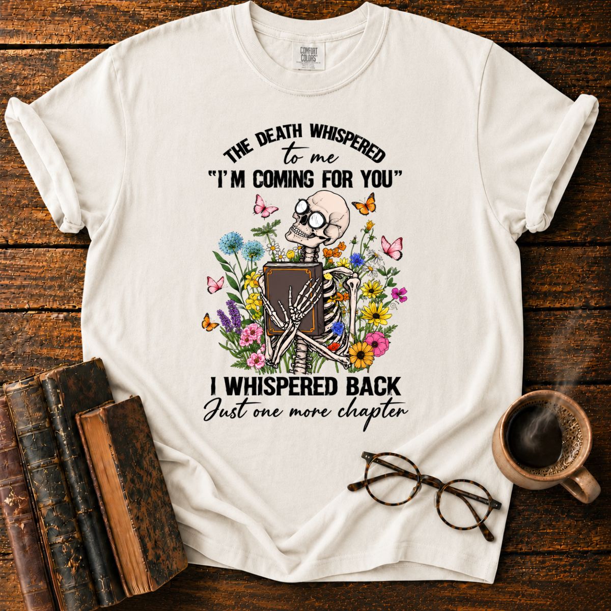 Skeleton’s Floral Bookish Whisper T-Shirt