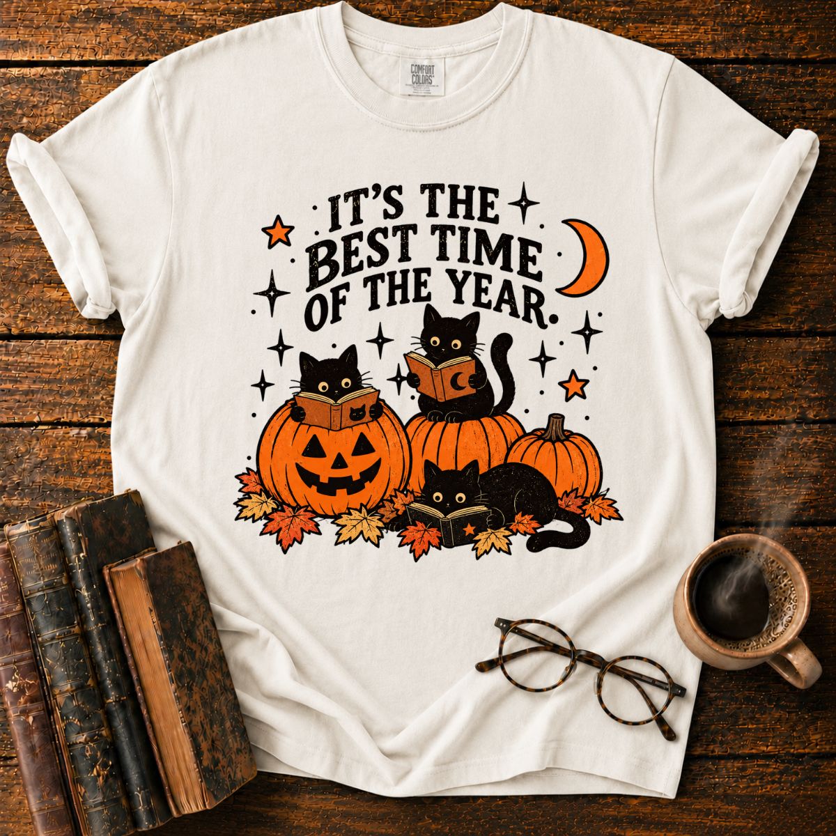 Black Cats Reading Pumpkin Halloween T-Shirt