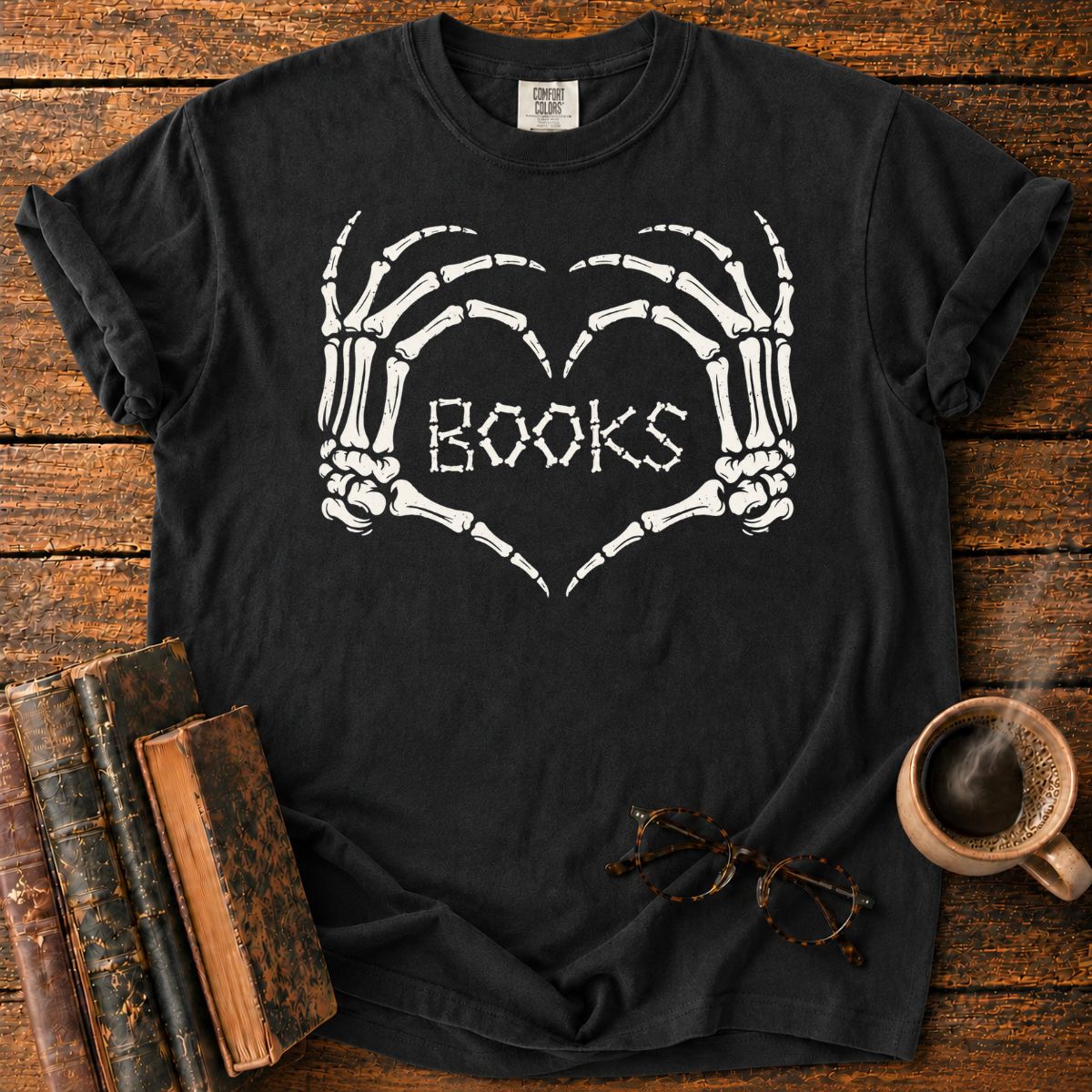 Skeleton Hands Heart Books T-Shirt