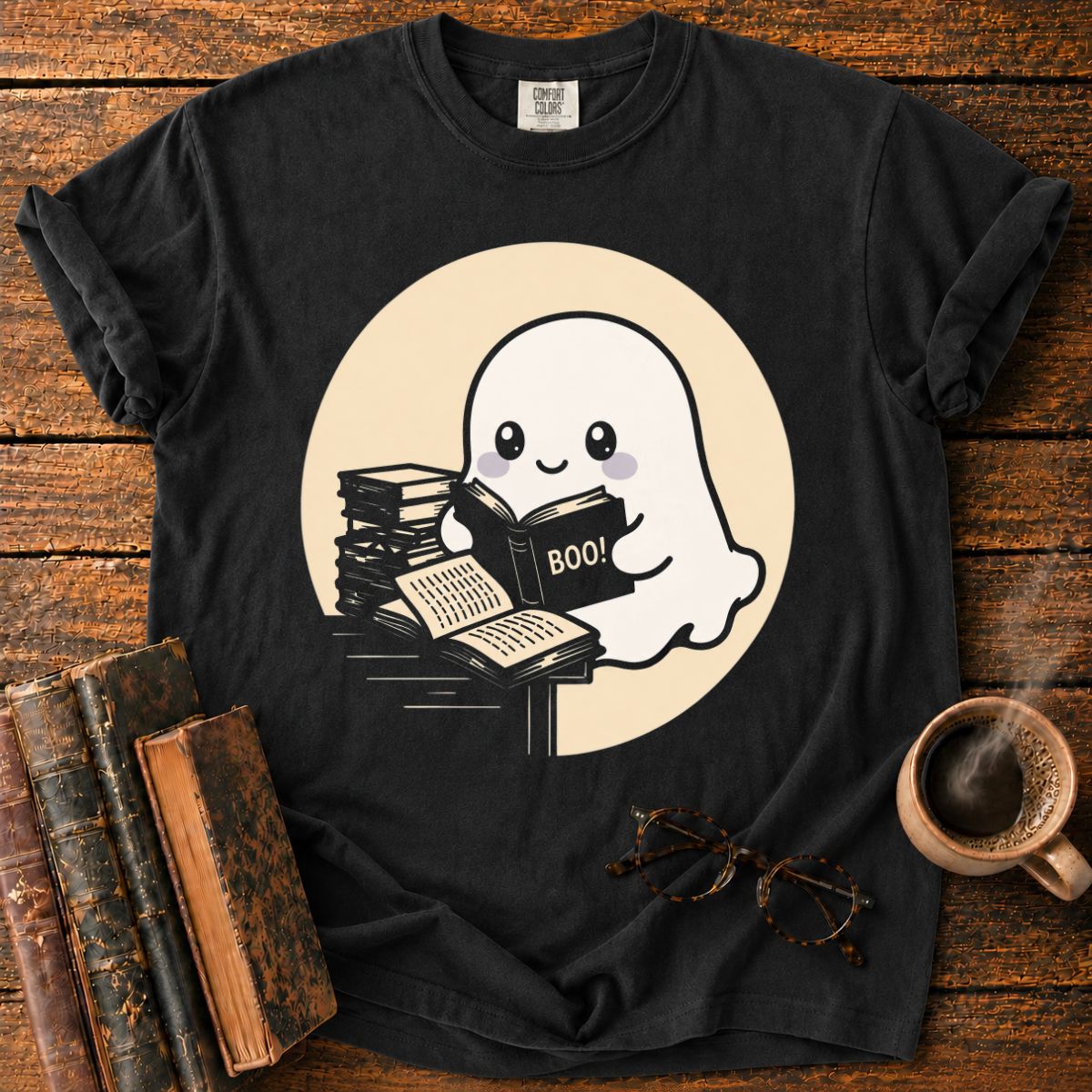 Kawaii Ghost Reading Books T-Shirt