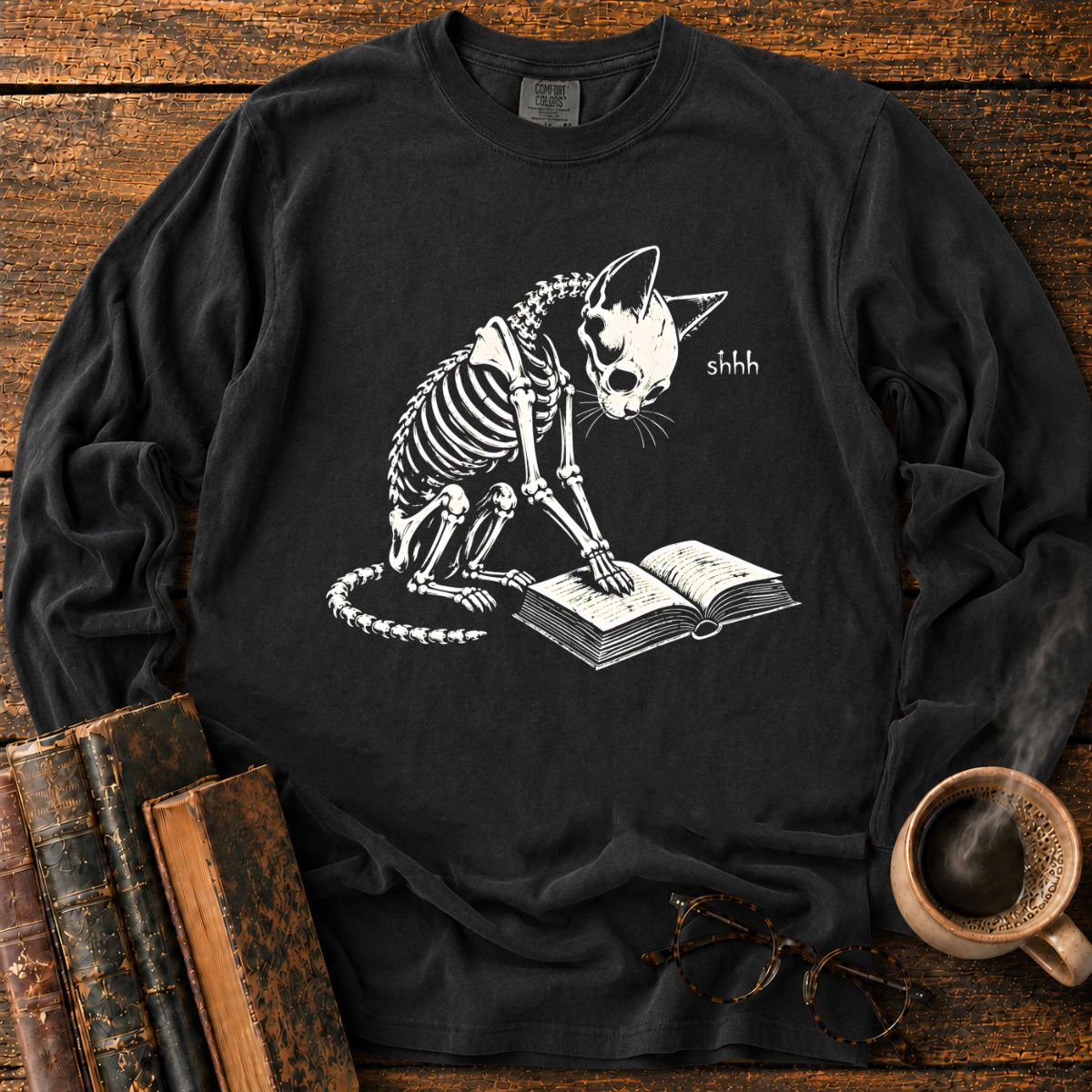 Shhh Skeleton Cat Reading LS T-Shirt