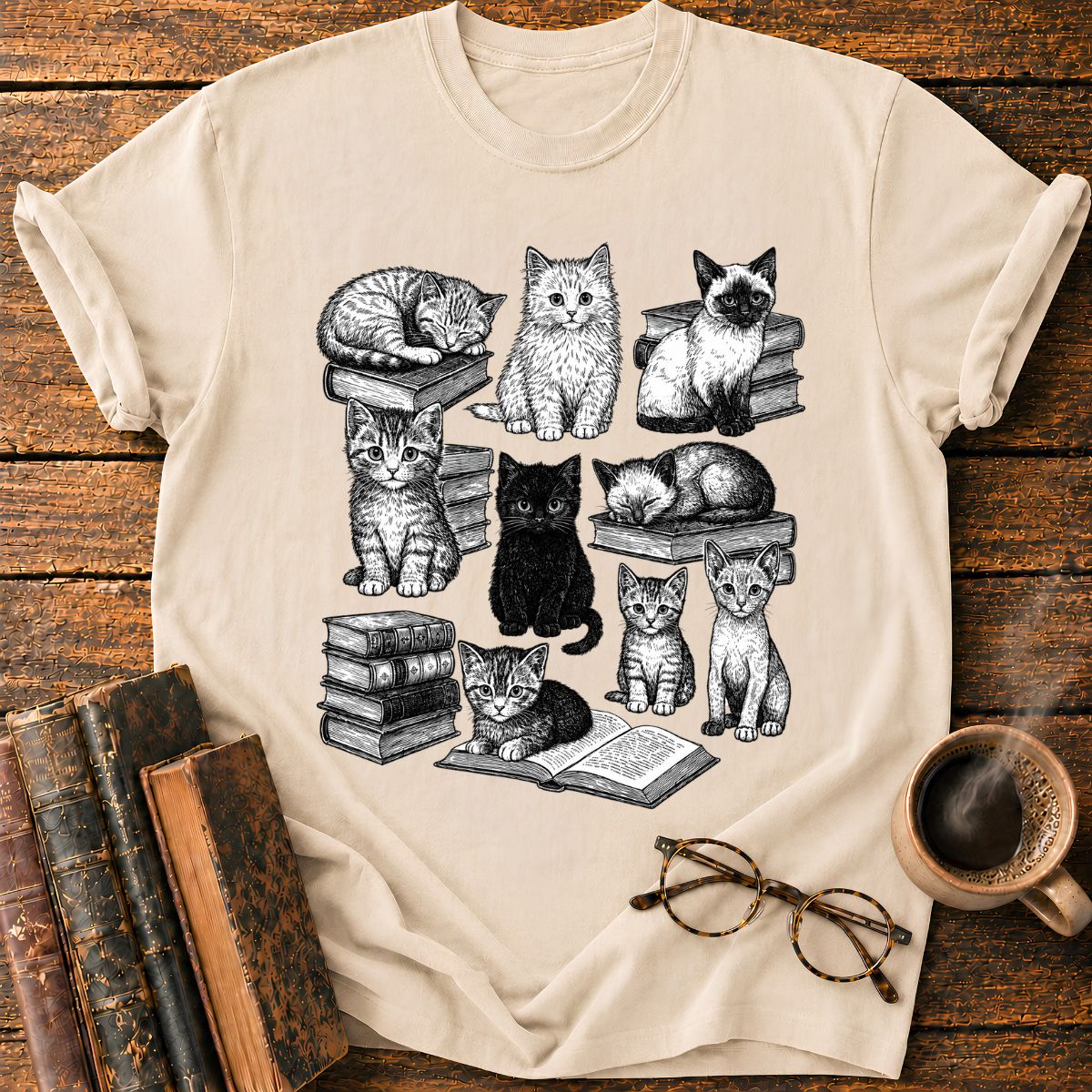 Vintage Puppy Bookworm Collage T-Shirt