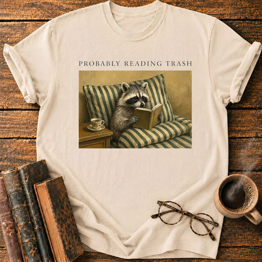Raccoon Reading in Striped Comfort T-Shirt
