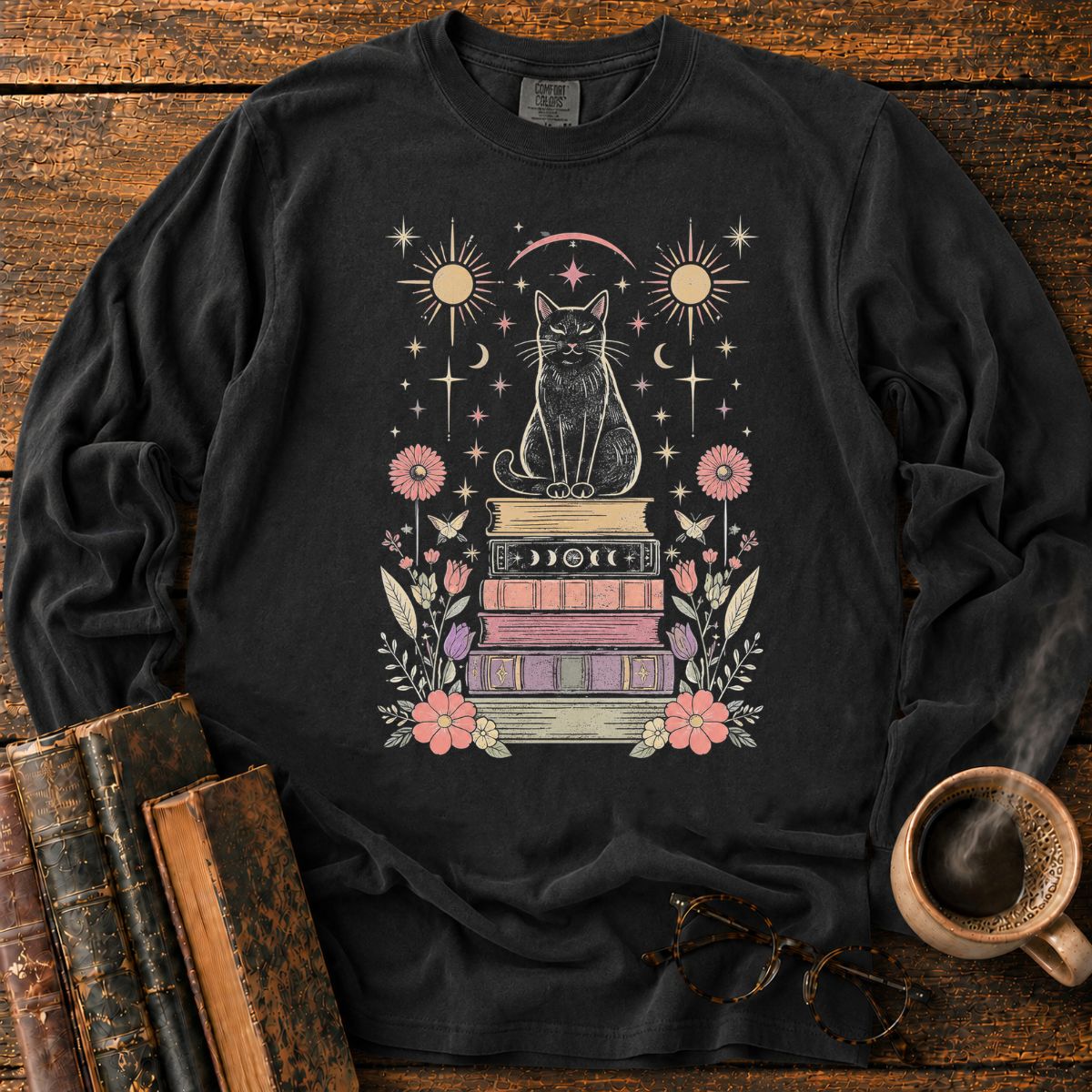 Celestial Black Cat Book Stack LS T-Shirt