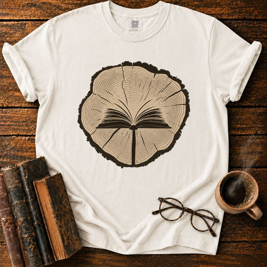 Open Book in a Wood Slice T-Shirt
