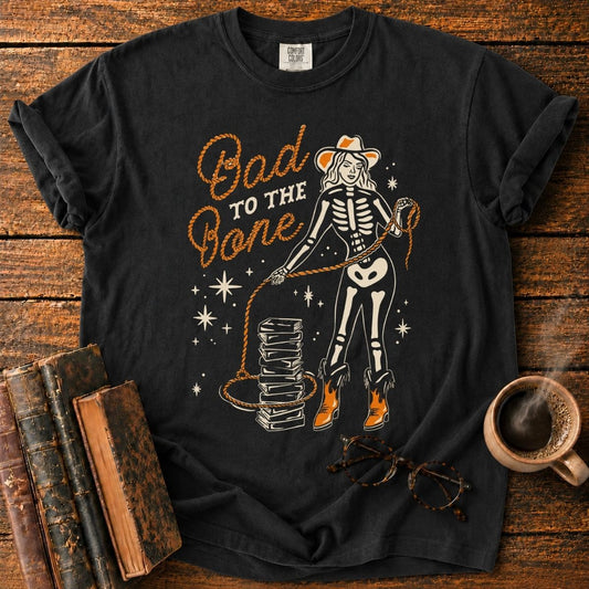 Retro Skeleton Cowgirl and Books T-Shirt