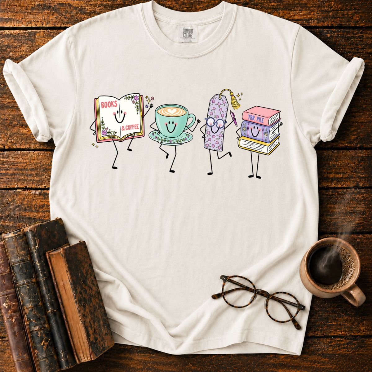 Books, Coffee, and Cheerful Bookish Friends T-Shirt