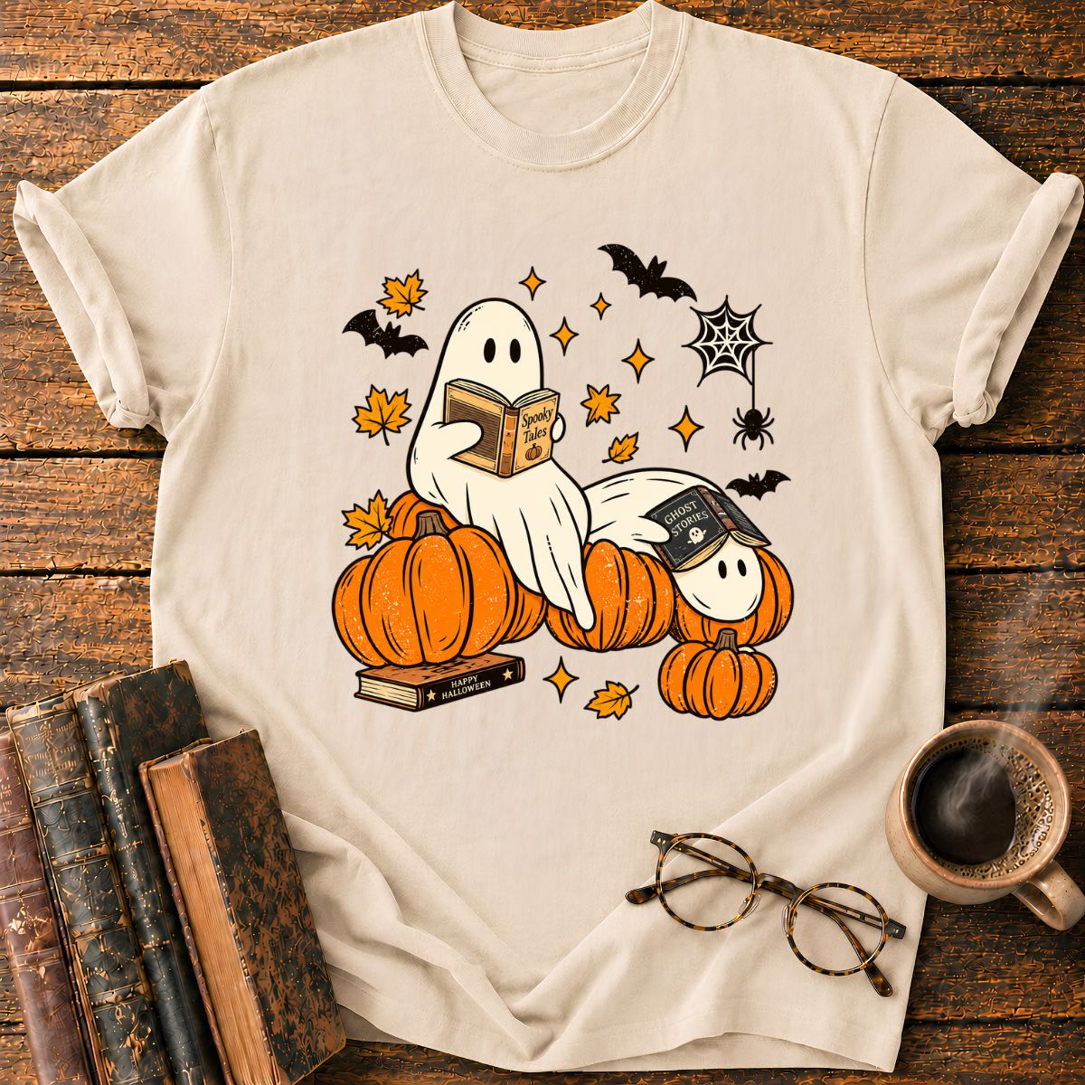 Ghost Reading A Book in Halloween T-Shirt