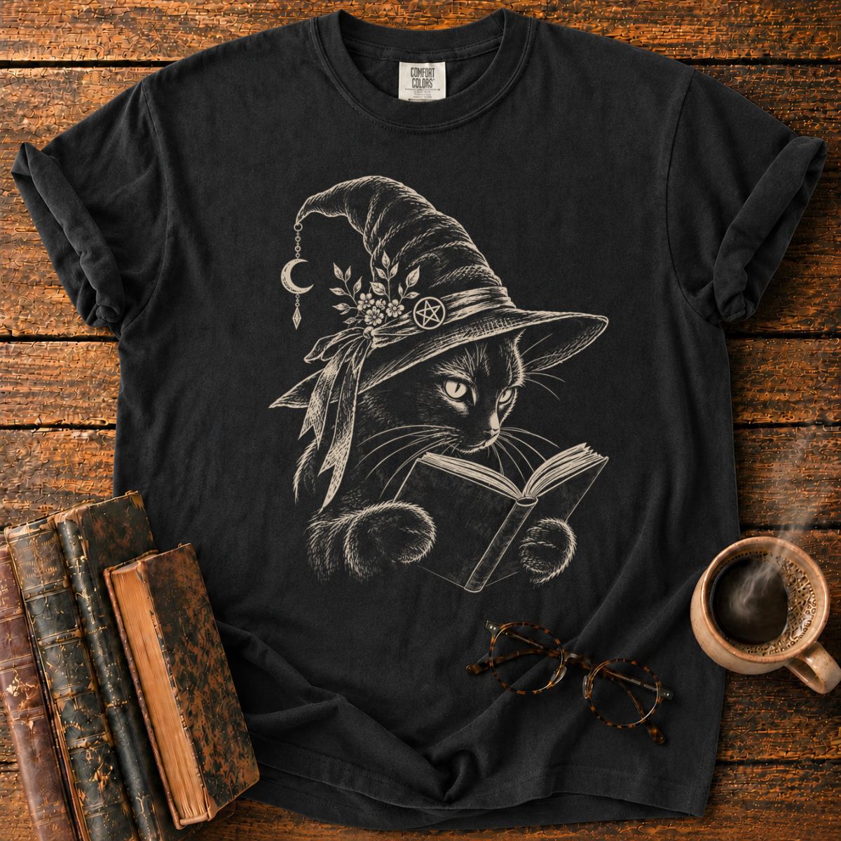 Witchy Cat Reading Under Moonlight T-Shirt