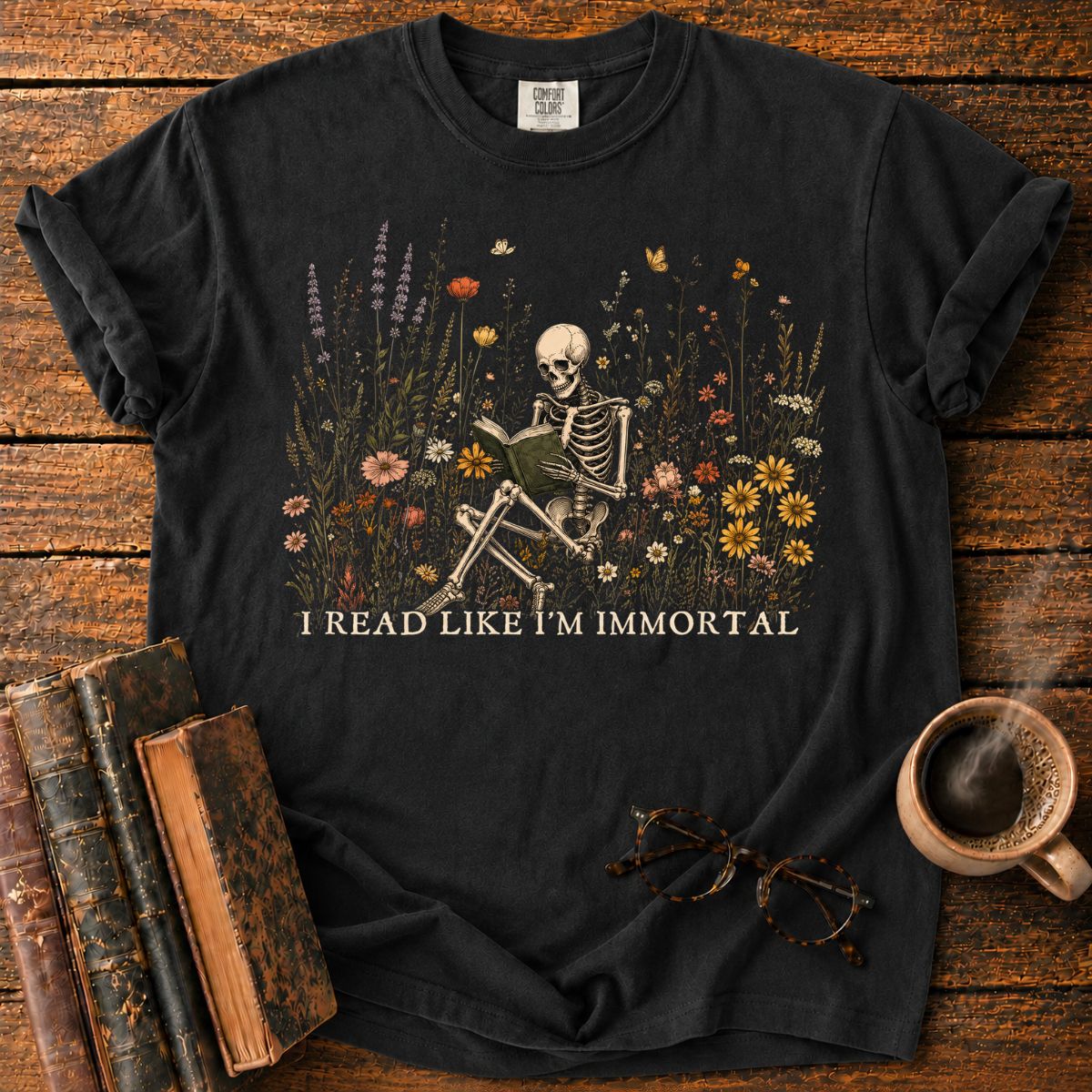 Immortal Reader in a Wildflower T-Shirt