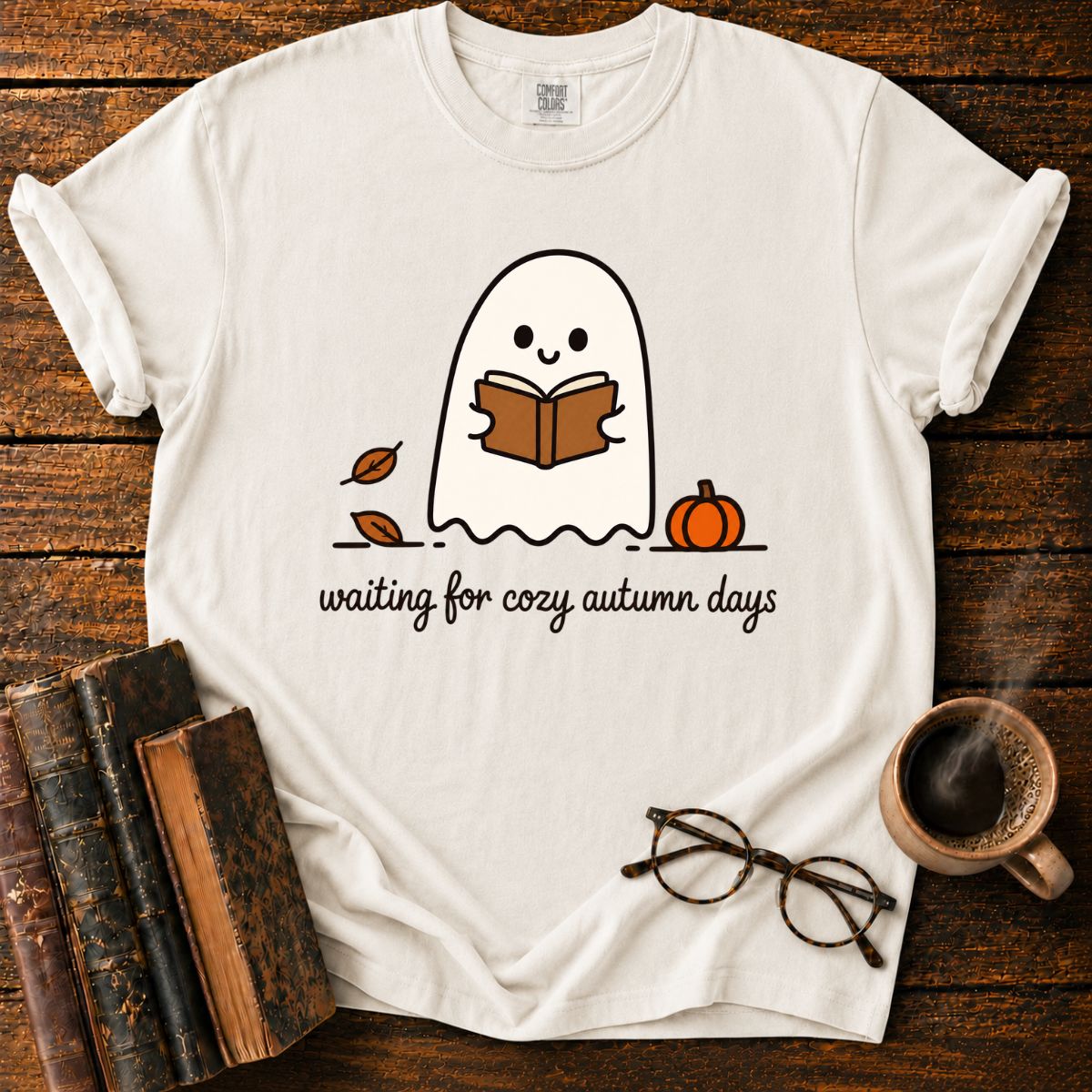 Cozy Ghost Reading Among Autumn Leaves T-Shirt