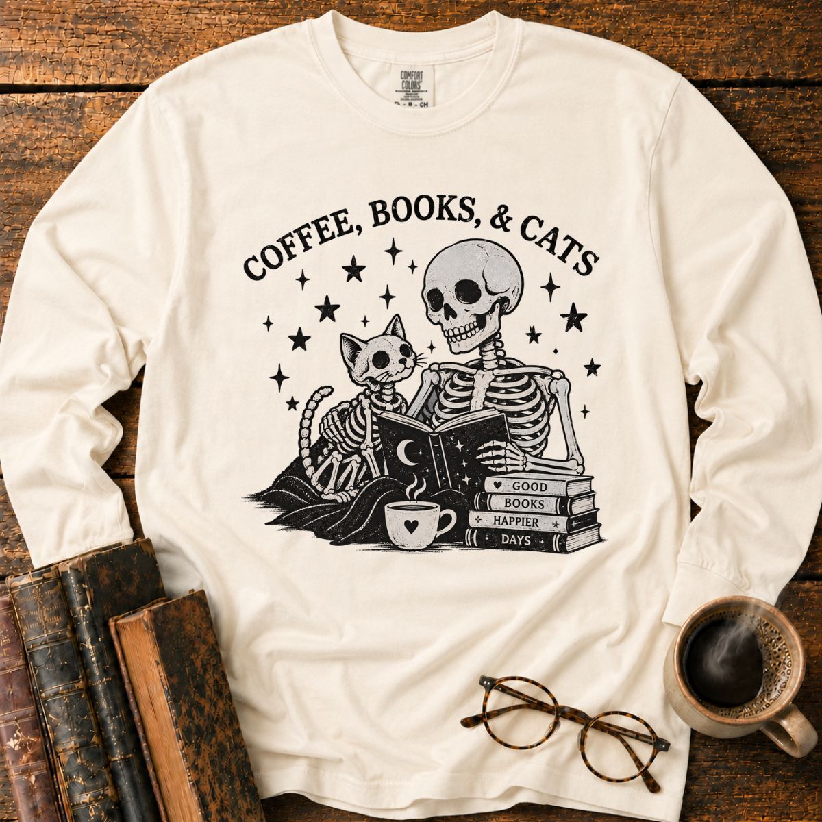Coffee Books Cats LS T-Shirt