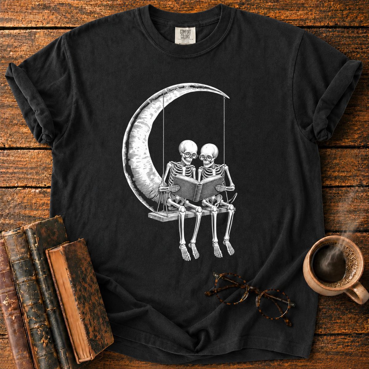 Skeletons Reading Beneath a Crescent Moon T-Shirt