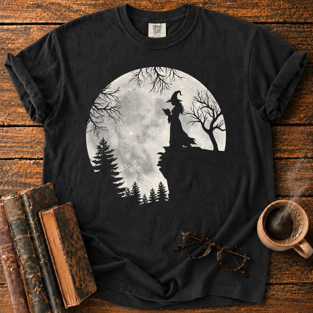 Moonlit Witch Reading on a Rocky Cliff T-Shirt