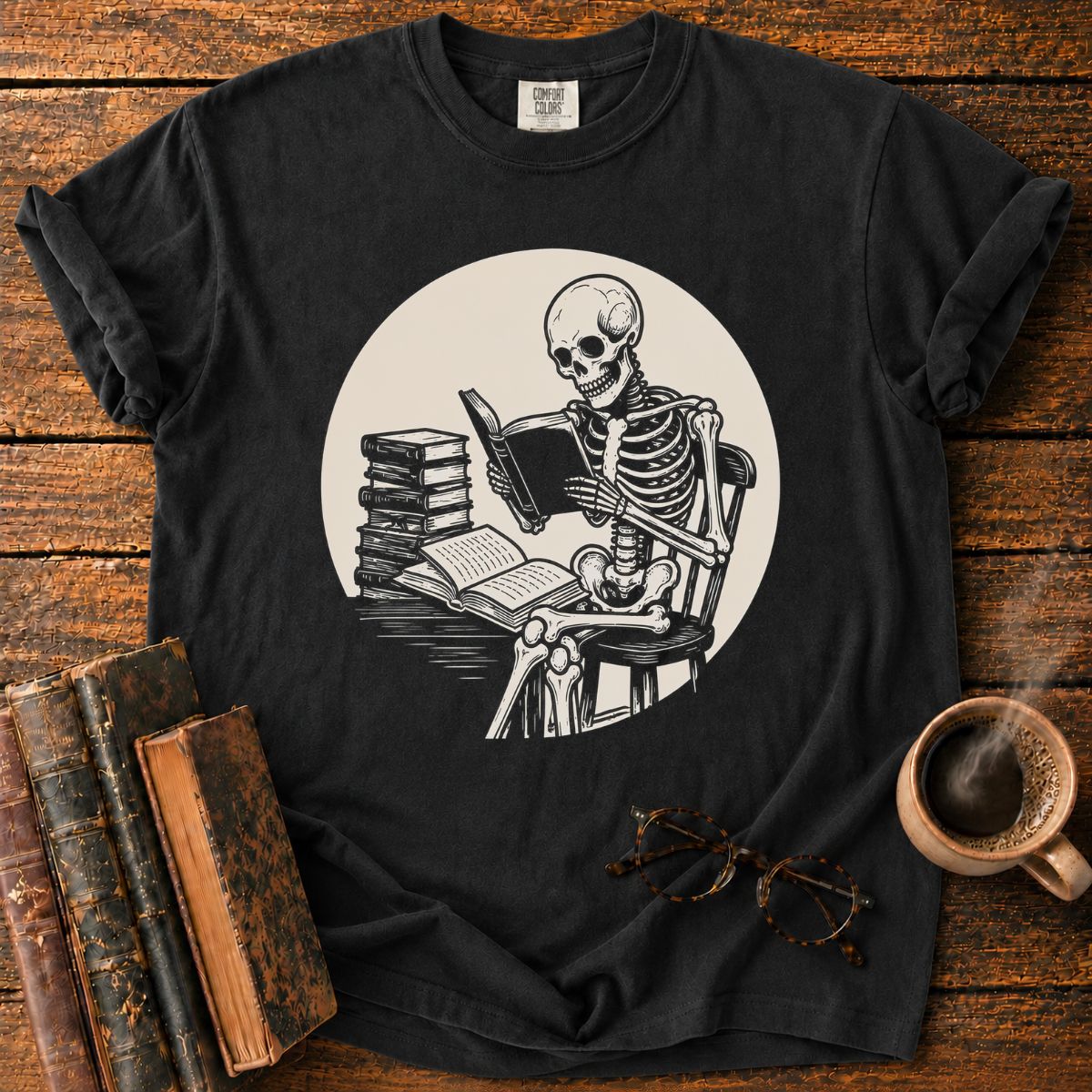 Skeleton Reading Under Moonlight T-Shirt