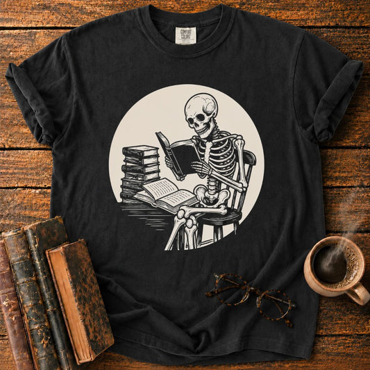 Skeleton Reading Under Moonlight T-Shirt