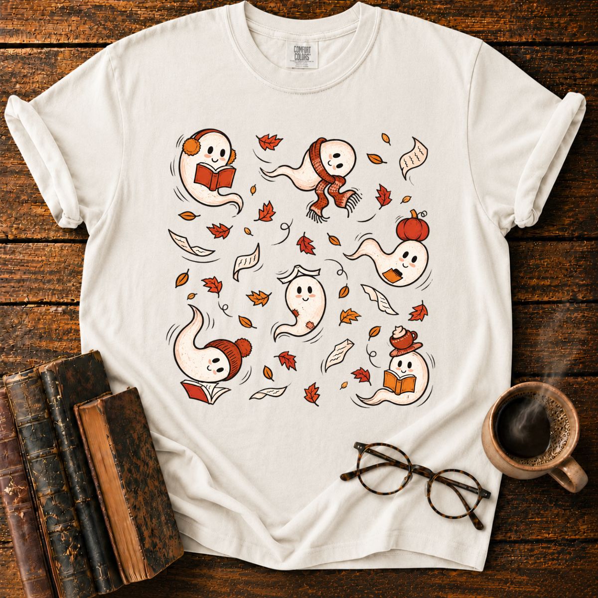Fall Reading Ghosts Autumn Leaves T-Shirt
