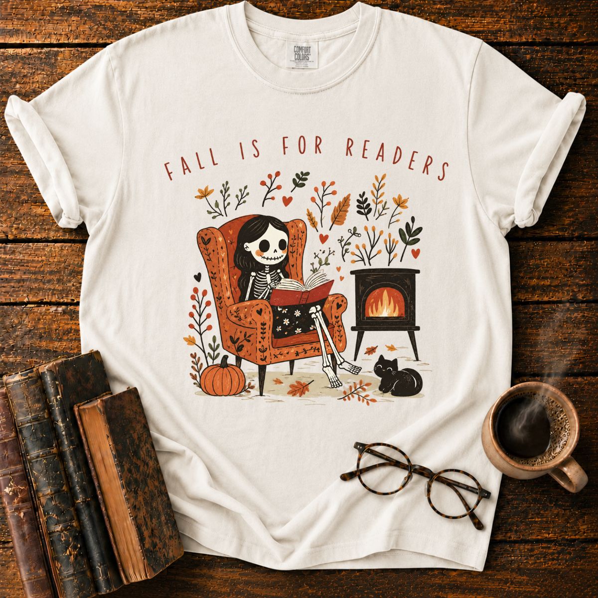 Fall Is for Readers Cozy Skeleton T-Shirt