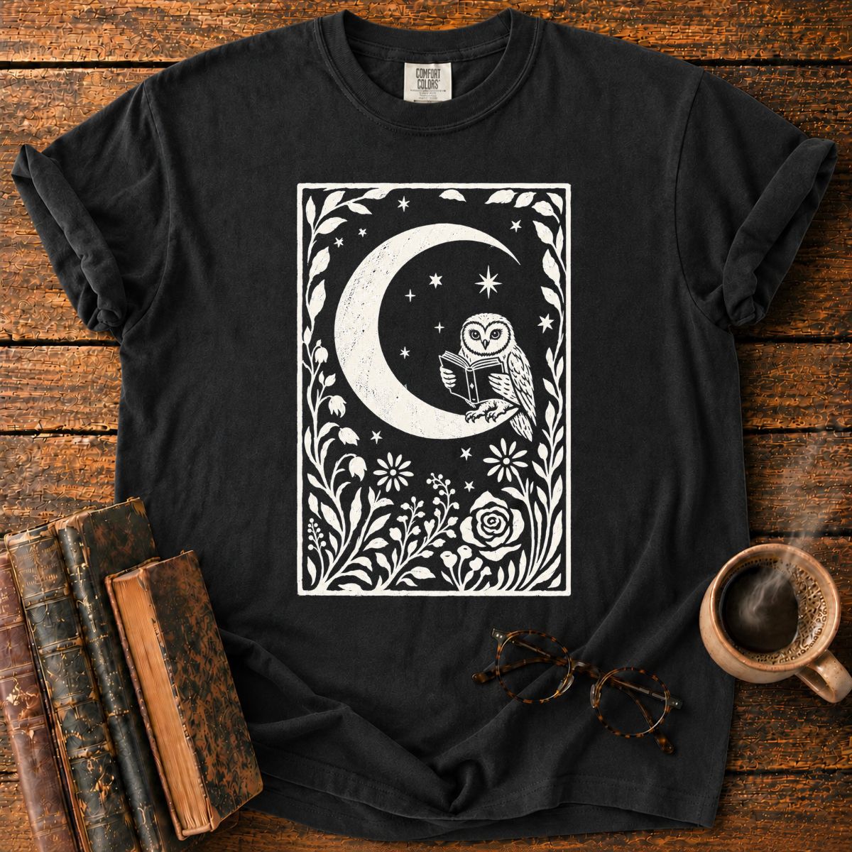 Owl Reading Beneath the Stars T-Shirt