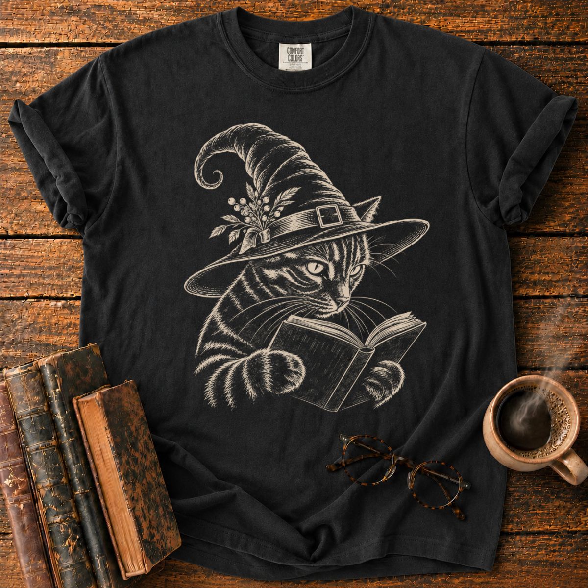 Vintage Witch Cat Reading a Book T-Shirt