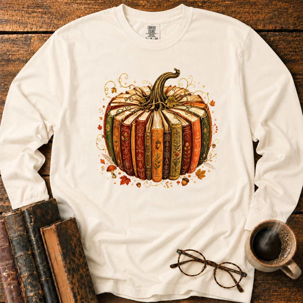 Vintage Book Pumpkin Fall LS T-Shirt
