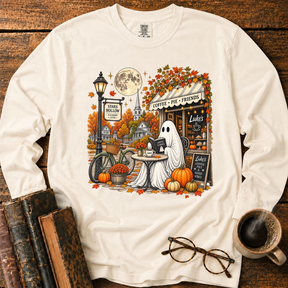 Ghostly Autumn Coffee in Stars Hollow Long Sleeve T-Shirt