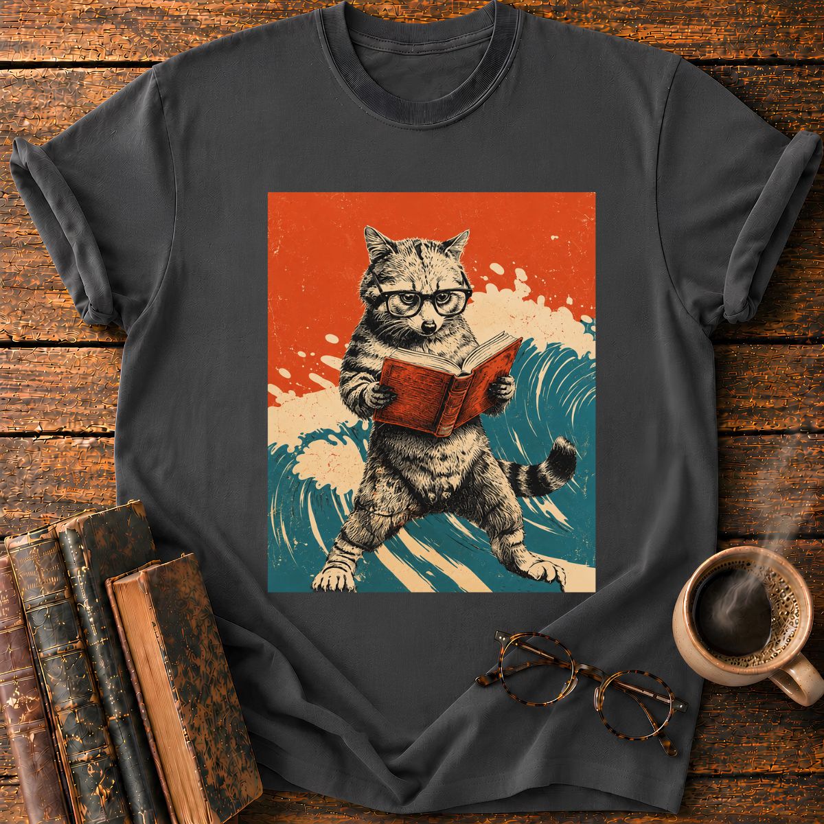 Vintage Cat Reading By The Sea T-Shirt