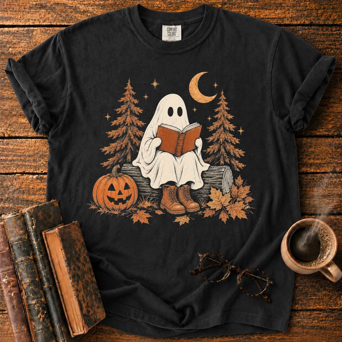 Cozy Ghost Reading Under the Moon T-Shirt