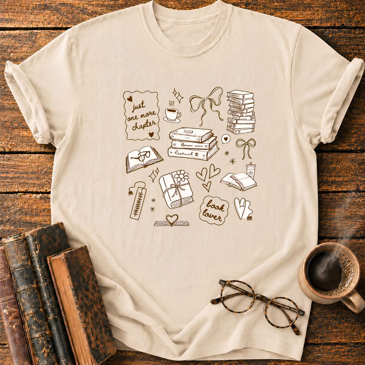 Bookish Doodle Collage in Warm T-Shirt