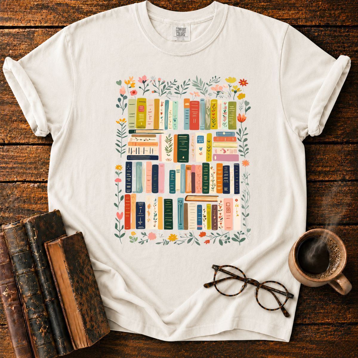 Floral Wreath Around Bookshelves T-Shirt