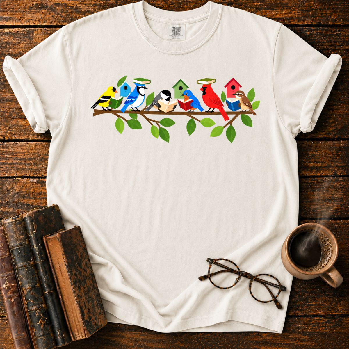 Whimsical Birds’ Reading Branch T-Shirt