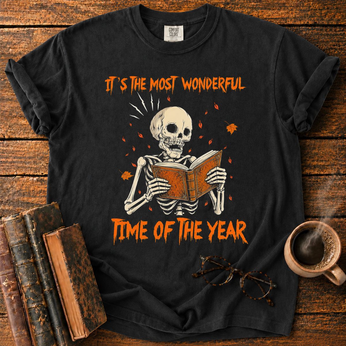 Skeleton Reading Beneath Autumn Leaves T-Shirt