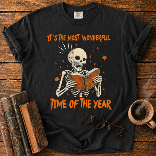Skeleton Reading Beneath Autumn Leaves T-Shirt