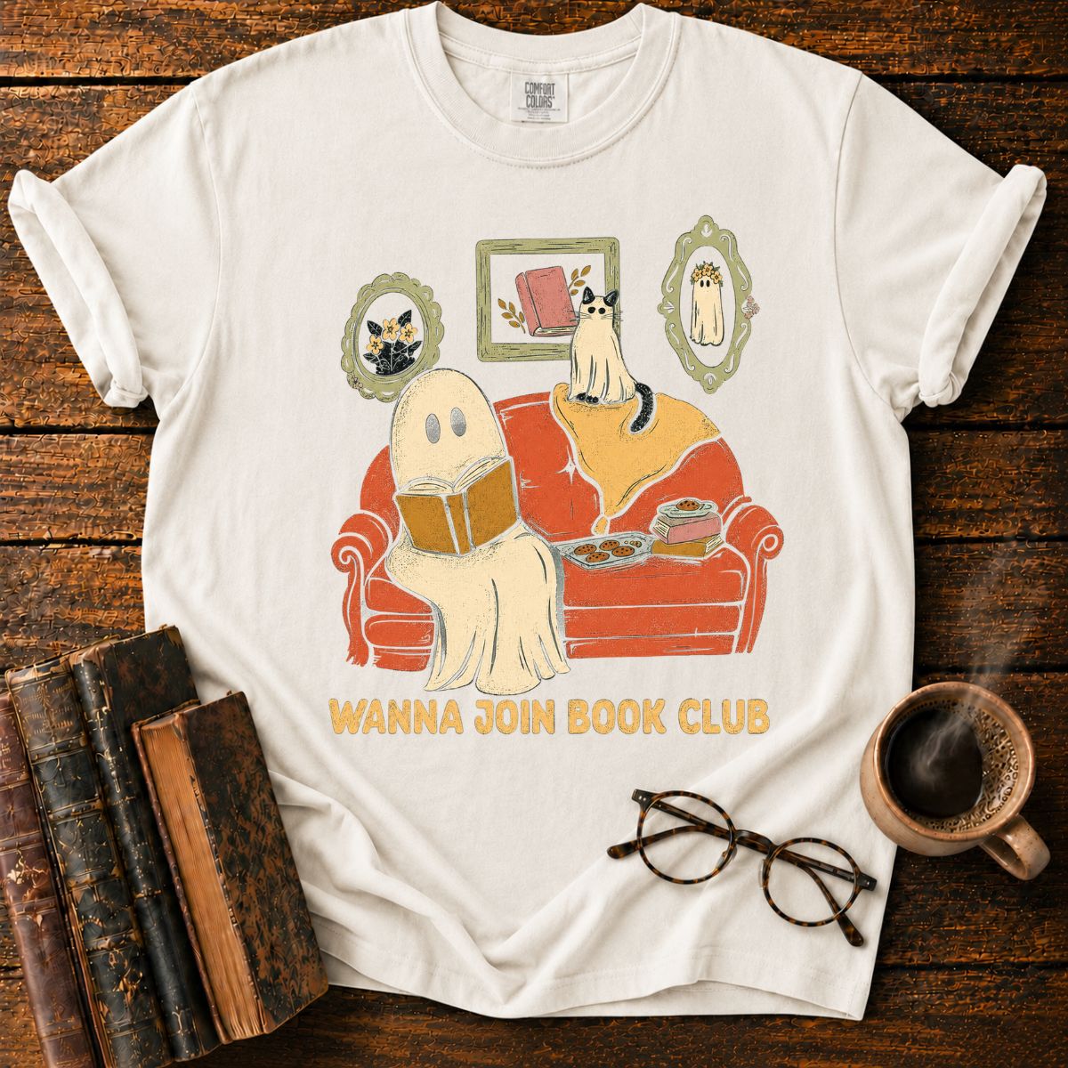 Cozy Ghost and Cat Book Club T-Shirt