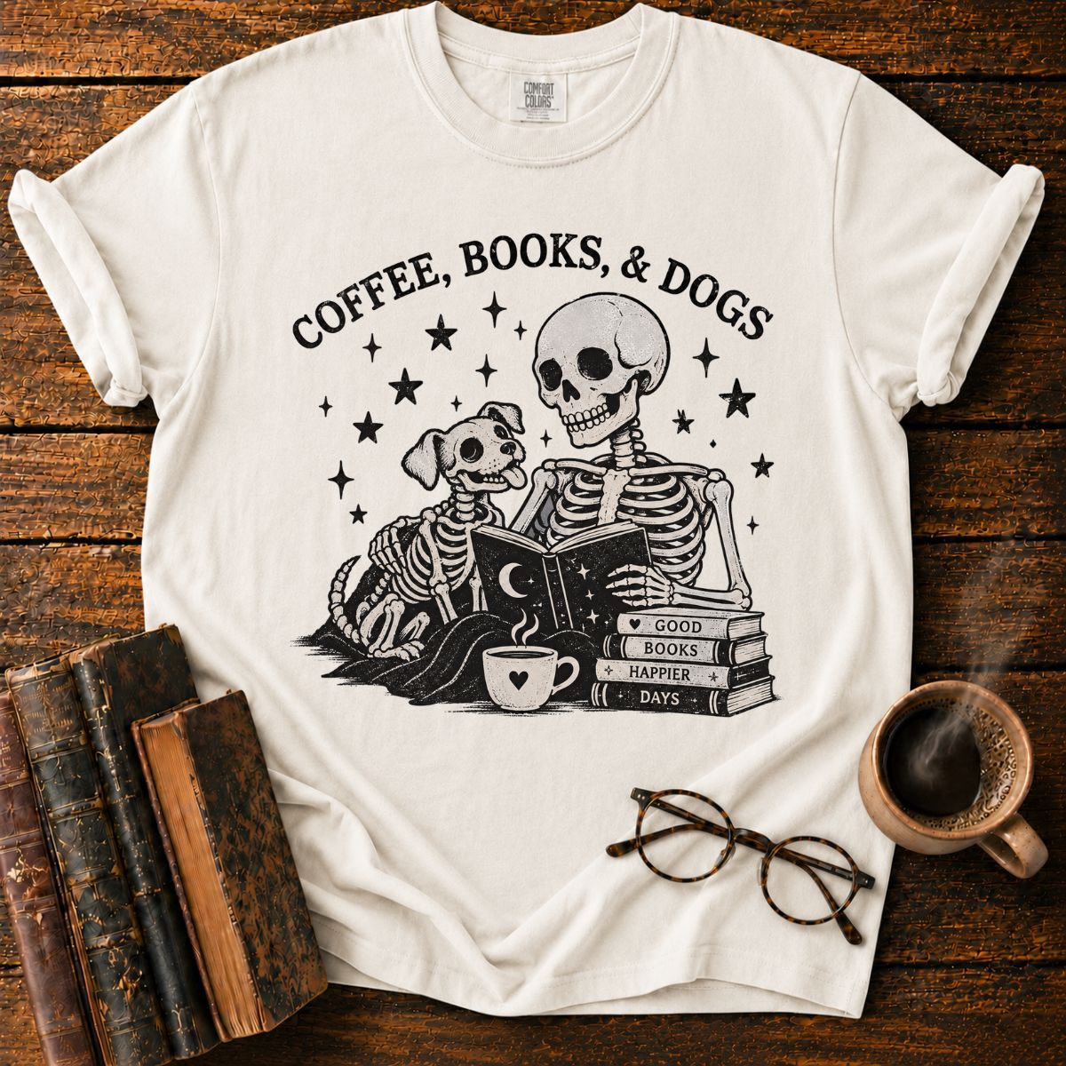 Coffee Books and Dogs Skeleton T-Shirt